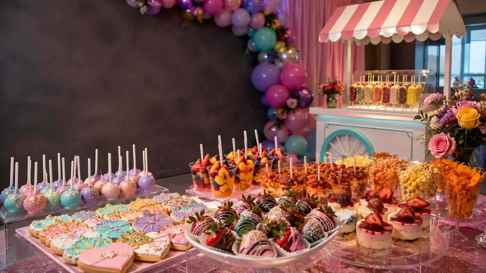 A vibrant dessert and snack display for a celebration