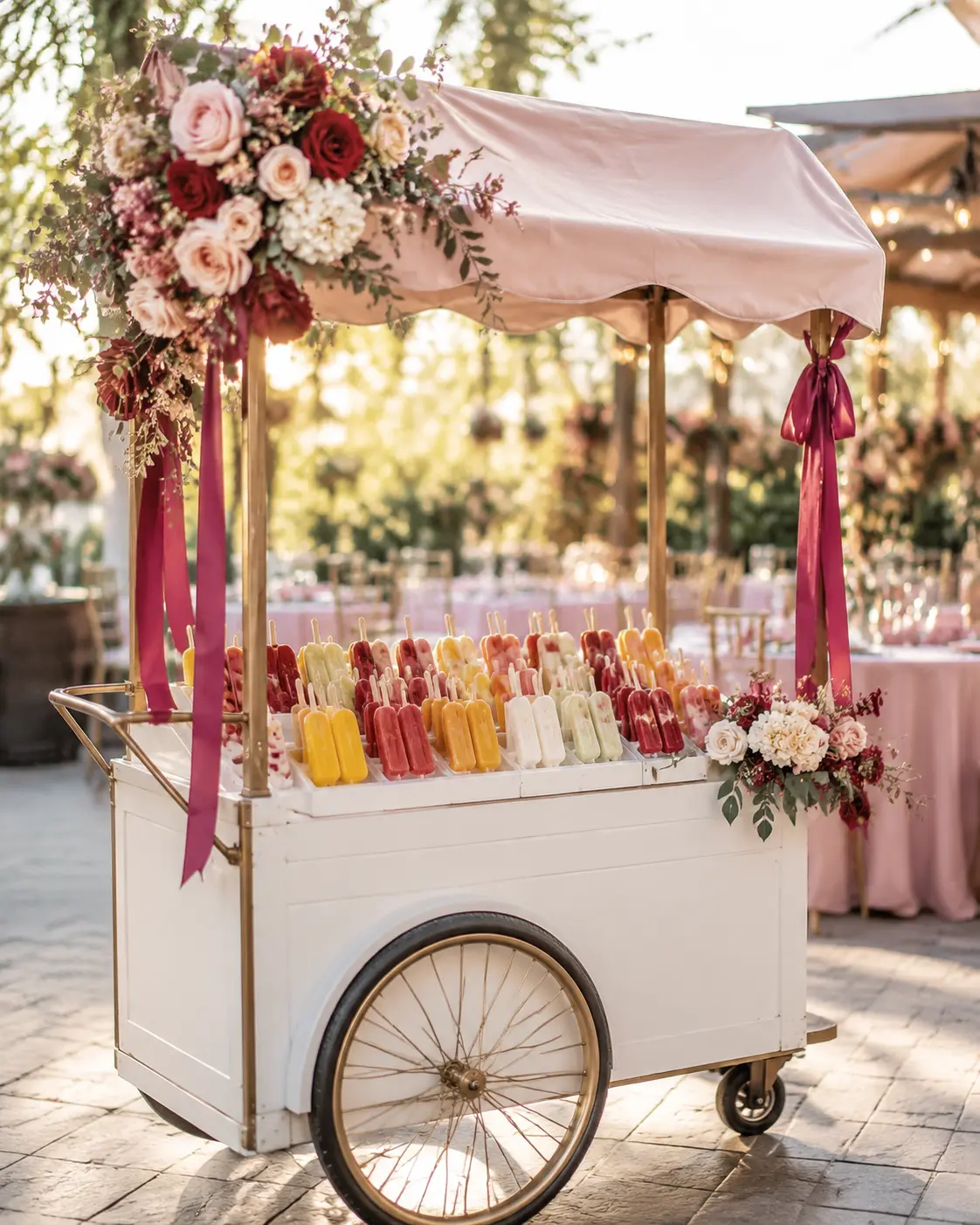 A decorated paleta cart filled with colorful paletas